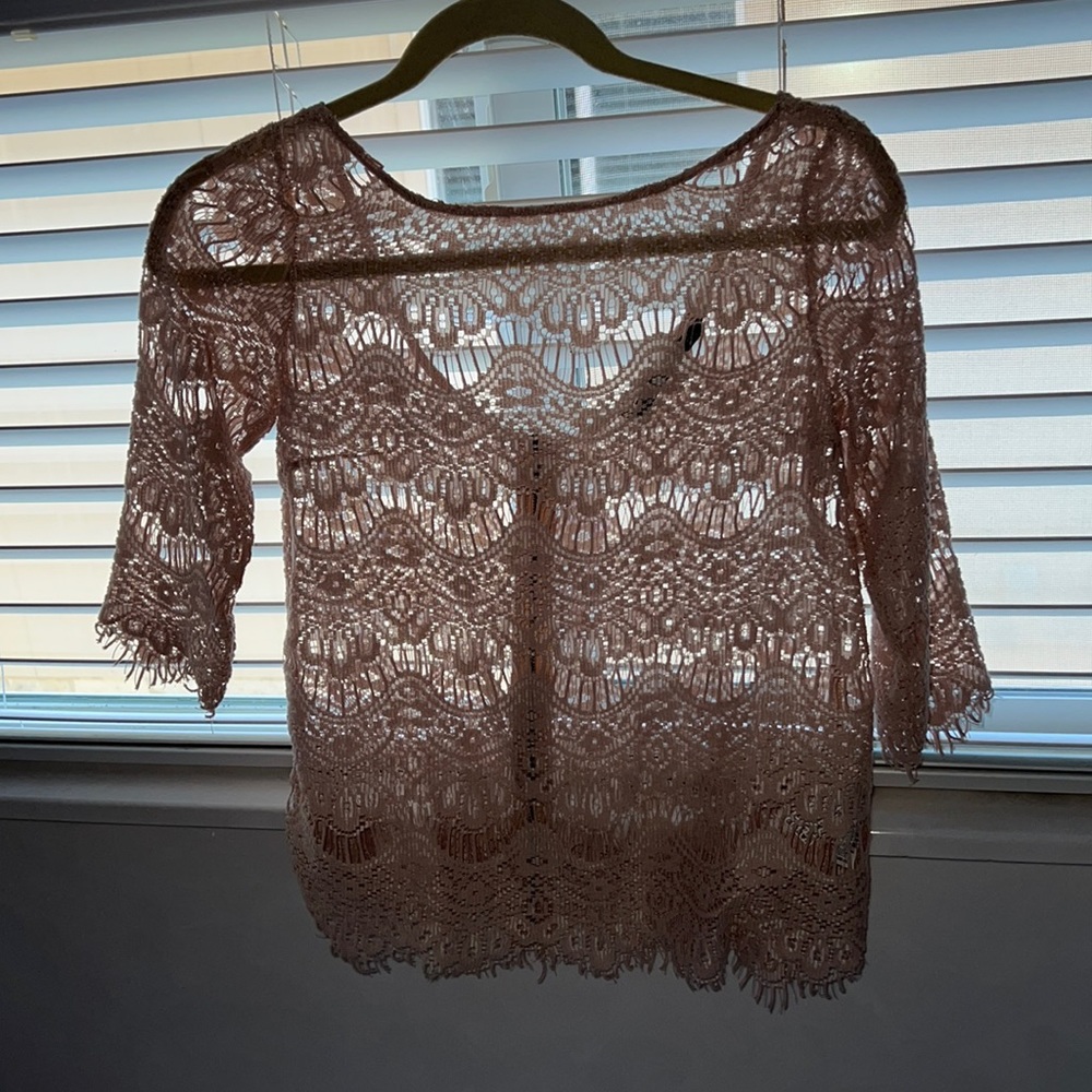 Zara Tan Cropped Embellished Sheer Blouse with 3/4 Sleeves Size Small
